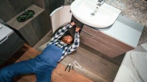 Top view. Lying down on the ground, fixing water tap. Plumber in blue uniform is at work in the bathroom